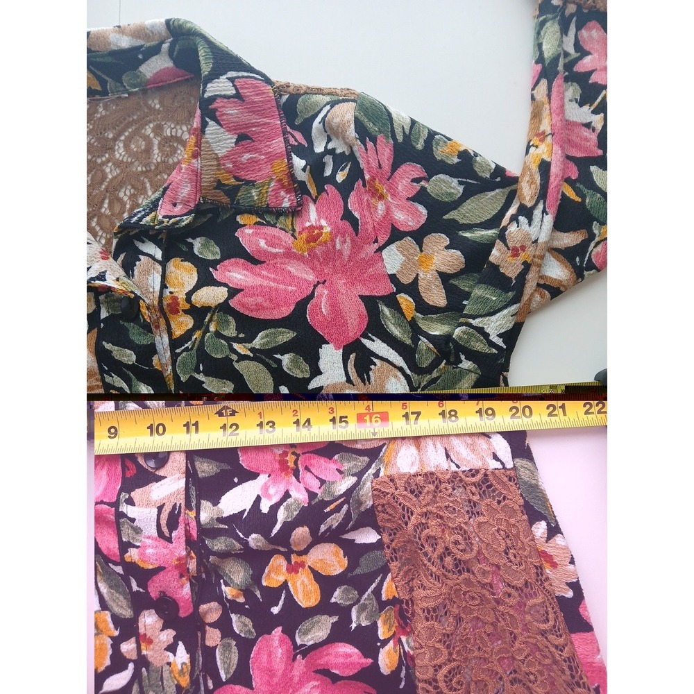 Zadie B's Floral Tunic Top High Low Button Front Brown Lace Modest Boho Shirt S - Picture 9 of 10